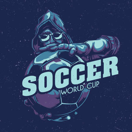 T-shirt label design with illustration of the soccer player who holds the ballのイラスト素材
