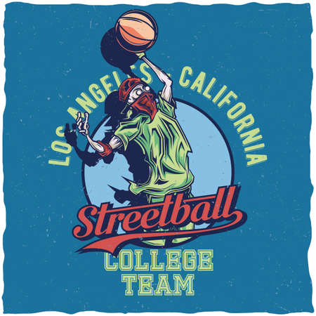T-shirt label design with illustration of streetball playerのイラスト素材