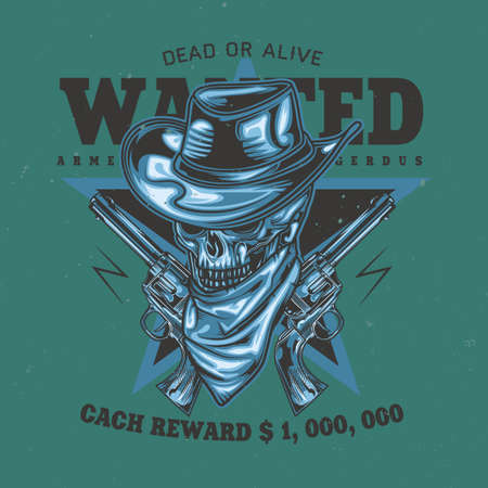 T-shirt or poster design with illustration of skull ath the hat with two guns at the hands. Hand drawn illustration.のイラスト素材