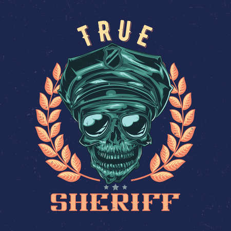 T-shirt label design with illustration of skull in a police hat and sunglassesのイラスト素材