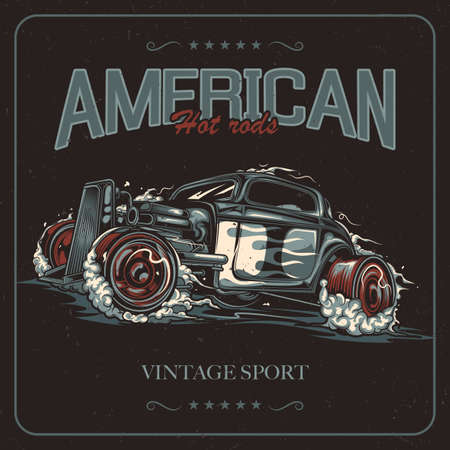 T-shirt label design with illustration of hotrod carのイラスト素材