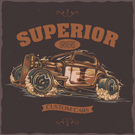 T-shirt label design with illustration of hotrod carのイラスト素材