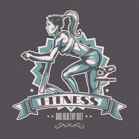 T-shirt label design with illustration of girl on the exercise bikeのイラスト素材