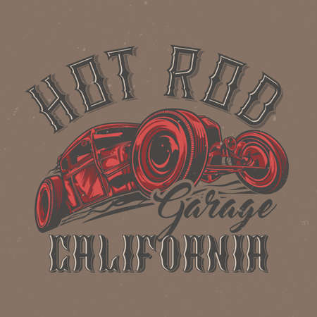 T-shirt or poster design with illustration of custom hot rod. Hand drawn illustration.のイラスト素材