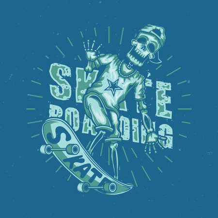 T-shirt or poster design with illustration of skeleton on skate board. Hand drawn illustration.のイラスト素材