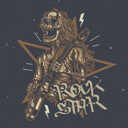 T-shirt or poster design with illustration of skeleton playing guitarのイラスト素材