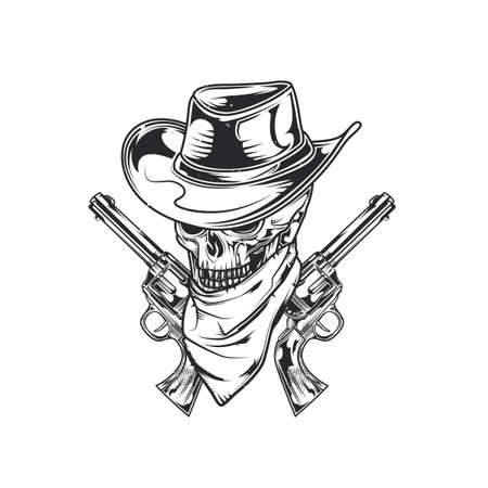 Emblem design with illustration of skull ath the hat with two guns at the hands. Hand drawn illustration.のイラスト素材