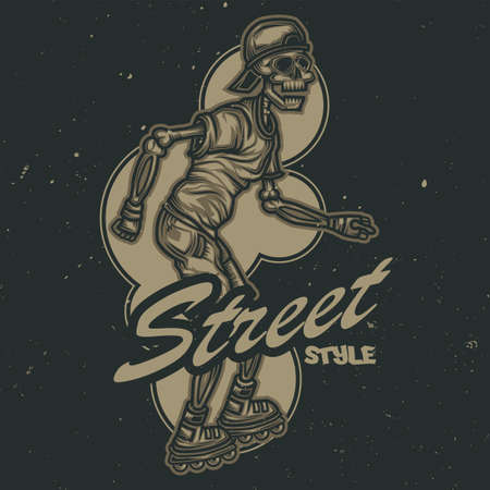 T-shirt or poster design with illustration of skeleton on roller skatesのイラスト素材