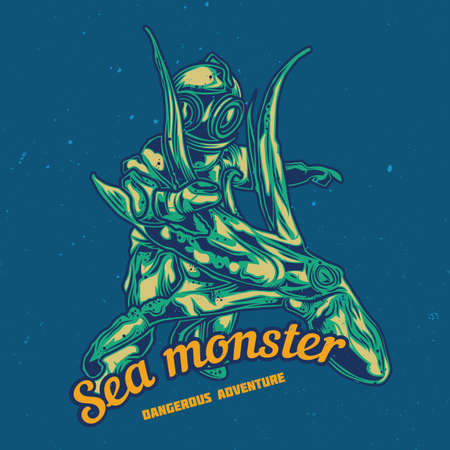 T-shirt or poster design with illustration of diver fighting with an octopusのイラスト素材