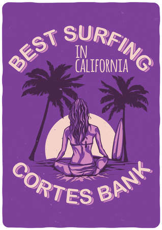 T-shirt or poster design with illustraion of girl with surfing boardのイラスト素材