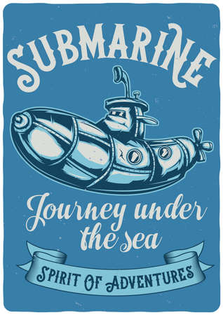 T-shirt or poster design with illustraion of funny submarineのイラスト素材