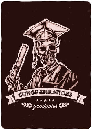 T-shirt or poster design with illustraion of graduation of skeletonのイラスト素材