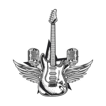 Emblem design with illustration of guitar, two microphones and wingsのイラスト素材