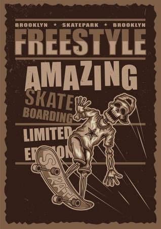 T-shirt or poster design with illustration of skeleton on skate board. Hand drawn illustration.のイラスト素材