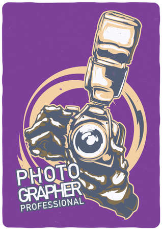 T-shirt or poster design with illustraion of two hands holding camera with flashのイラスト素材