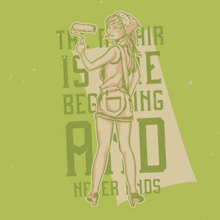 T-shirt or poster design with illustration of girl paints the wallのイラスト素材