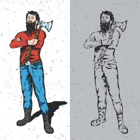 Lumberjack woodworks label design poster with men with an axes on their shoulders vector illustrationのイラスト素材