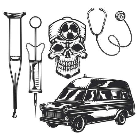 Set of emergency elements for creating your own badges, logos, labels, posters etc. Isolated on white.のイラスト素材