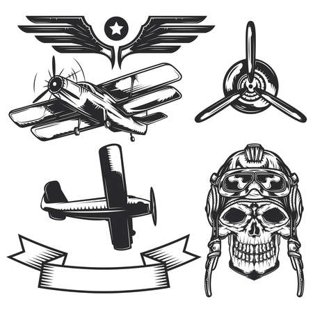 Set of aircraft elements for creating your own badges, logos, labels, posters etc. Isolated on white.のイラスト素材