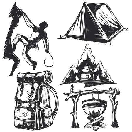 Set of camping elements for creating your own badges, logos, labels, posters etc. Isolated on white.のイラスト素材