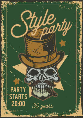 Poster design with illustration of a skull with cigarette and a hat on dusty background.のイラスト素材