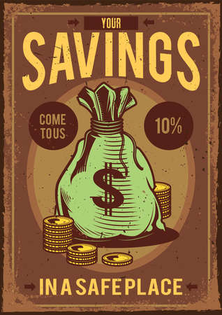 Poster design with illustration of a bag with money and coins around it on vintage background.のイラスト素材
