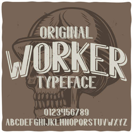 Vintage label typeface named "Worker" with illustration of skull with helmet. Good handcrafted font for any label design.のイラスト素材