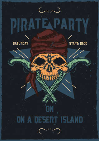 T-shirt or poster design with illustraion of pirat skull with guns.のイラスト素材