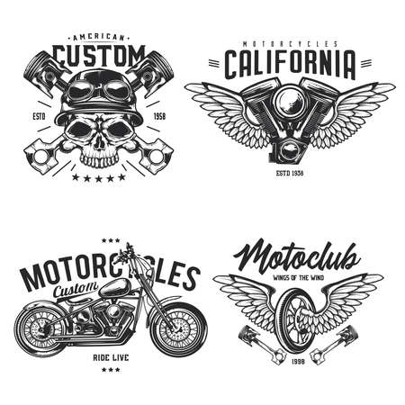 Set of biker and motorcycle emblems, labels, badges. Isolated on whiteのイラスト素材