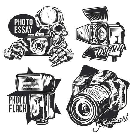 Set of photographer emblems, labels, badges. Isolated on whiteのイラスト素材