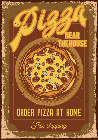 Poster design with illustration of a pizza on vintage background.のイラスト素材