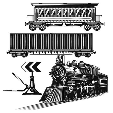 Set of trains on the road for creating your own badges, logos, labels, posters etc. Isolated on white.のイラスト素材