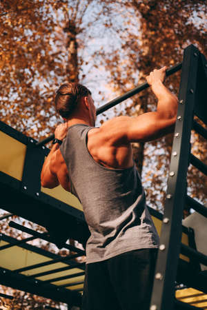 Young sexy male athlete does pull-ups in the park.の写真素材