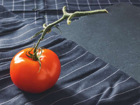 Red tomatoes on branch on black fabric