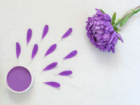 Purple cosmetic cream and purple flower petals on white background. Creative beauty fashion...