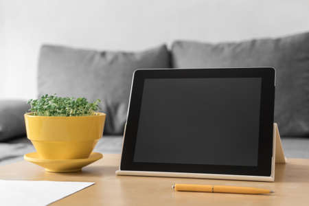 Workplace accessories for working online. Tablet, pen and flower pot with fresh microgreen basil on table, gray sofa background. Home office, online education, remote work, distance learning, stay home business concept. Mock up interior composition.の写真素材