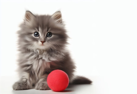 Gray fluffy cat with a red ball on a white backgroundの素材