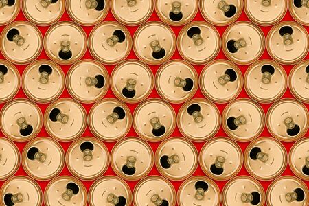 Aluminum cans for recycling on a red background. Beer empty cans. Recycling of metal and waste. Abstract backgroundの写真素材