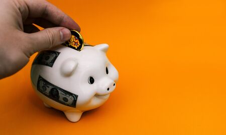 A male hand puts a coin in a piggy bank. Piggy piglet with dollar on an orange background.の写真素材