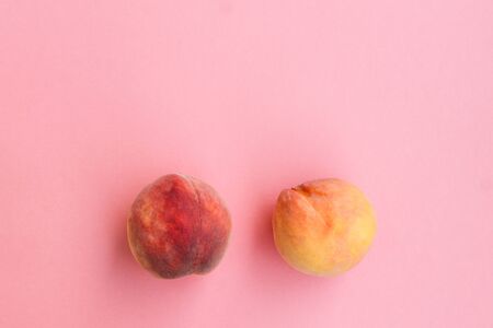 Peaches on a pink background with copy space. Ripe velvety summer orange fruit. Top view, copy spaceの写真素材