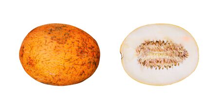 Whole and cut melon isolated on a white background. Ripe summer fruitの写真素材