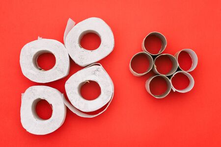 Toilet paper on a red background. White toilet paper rolls and cardboard tubes. Shortage of toilet paper.の写真素材