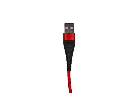 Red USB cable isolated on a white background. A wire for smartphones, charging and a connecting device for a computer.の写真素材