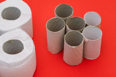 Cardboard tubes and rolls of toilet paper. Rolls of soft white paper on a red background. Hygiene concept.の写真素材