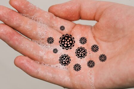 Coronavirus bacteria on a human hand. Hand washing with soap. Hand washing with soap and water to...
