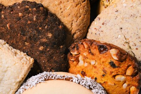 A variety of homemade cookies. Background of sweet cookies on the table, top view. Close up.の写真素材