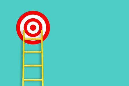 Long yellow staircase to reach the goal. The concept of standing out from the crowd, leadership and success. Career growth and the desire to win. Minimal creative style with a copy of the spaceの写真素材