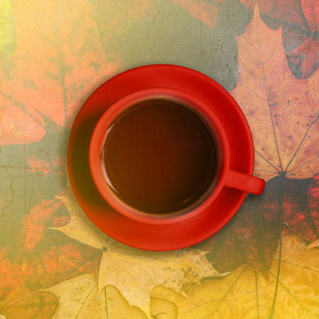 Female hand holding cups of coffee with autumn leaves on rustic wooden table backgroundの写真素材