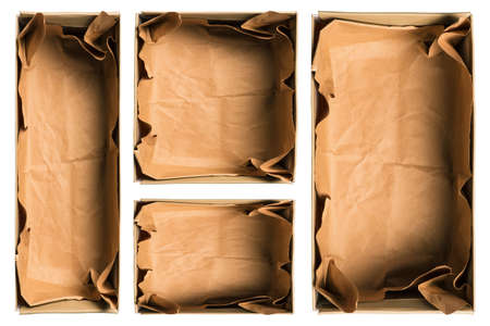 Open empty boxes of different sizes, isolated on a white background. Concept of delivery of food,...