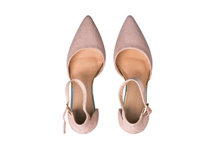 Womens shoes isolated on a white background. Stylish beige sandals. Concept of sales and delivery of goodsの写真素材